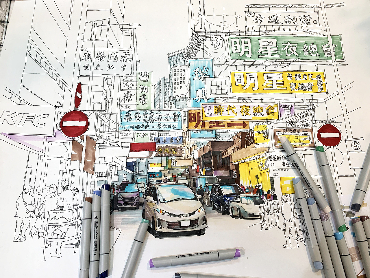 马克笔手绘《香港街景》