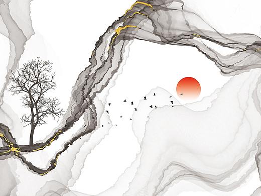 新中式水墨金山抽象麋鹿装饰画