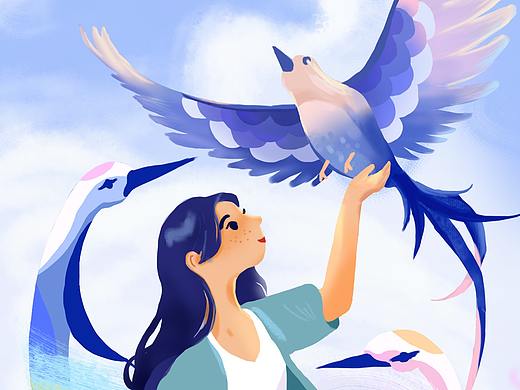 女孩和鸟手绘插画临摹（个人主页-ZNTEyMjE0MTY=） - 创作习作 - 站酷设计师妳説原创素材 - 站酷ZCOOL