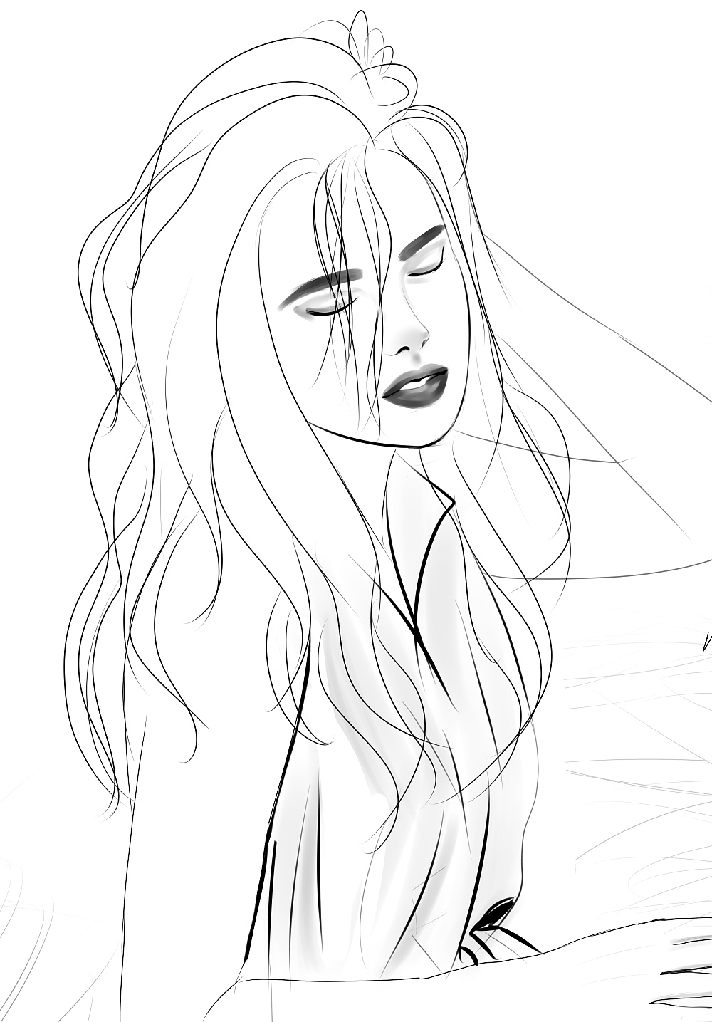 原创时尚插画——野地里的美女手绘白描