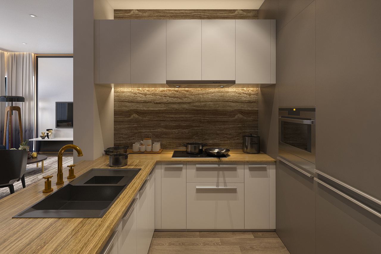 哑光质感的水槽与龙头,玄关处低调的品质感在开放式厨房中得到延续