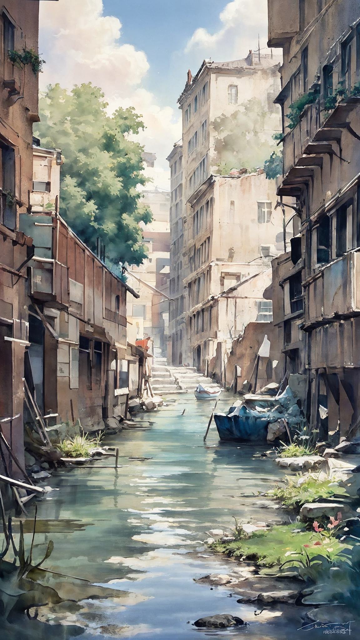 AI原创设计 古村落水彩风格