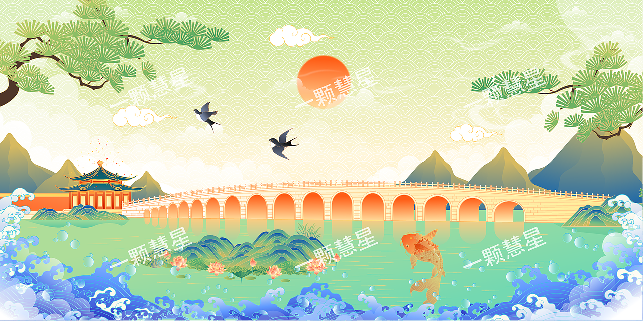 国潮风中国古建筑矢量插画