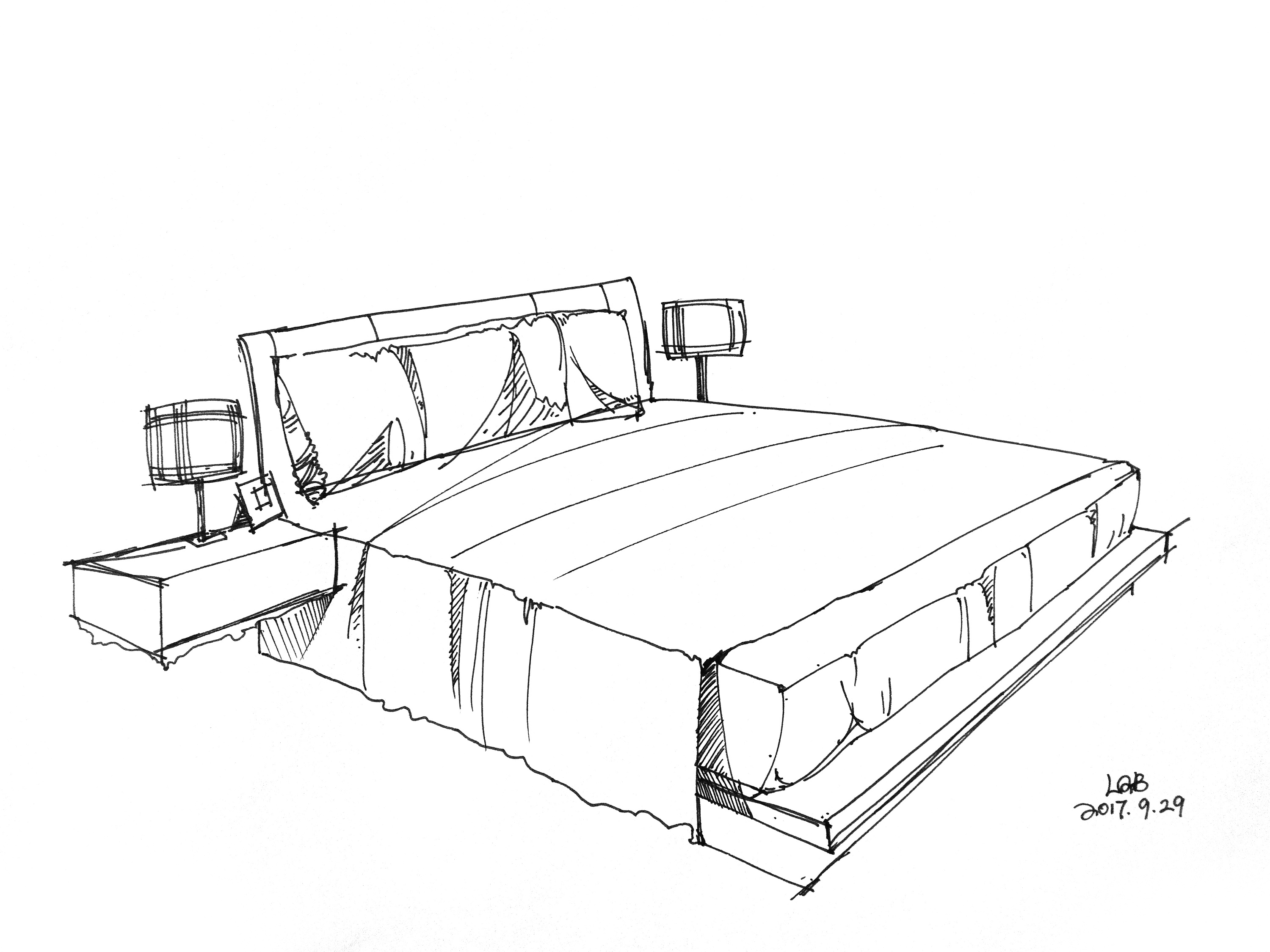 单体床的手绘效果图图片
