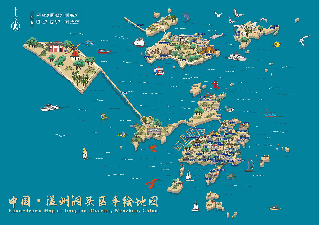 中国浙江省温州洞头全域手绘地图绘制_yonkos-站酷zcool