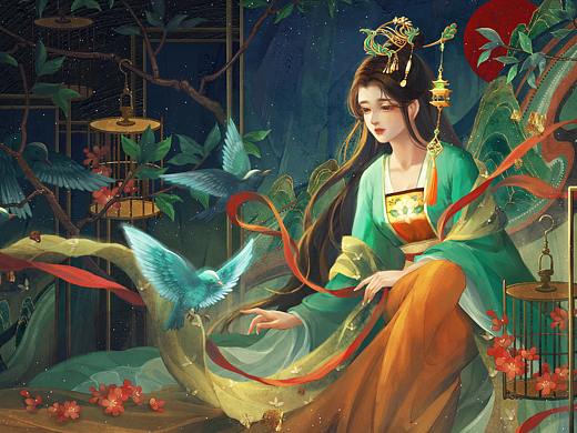 古风插画-《笼中雀语》