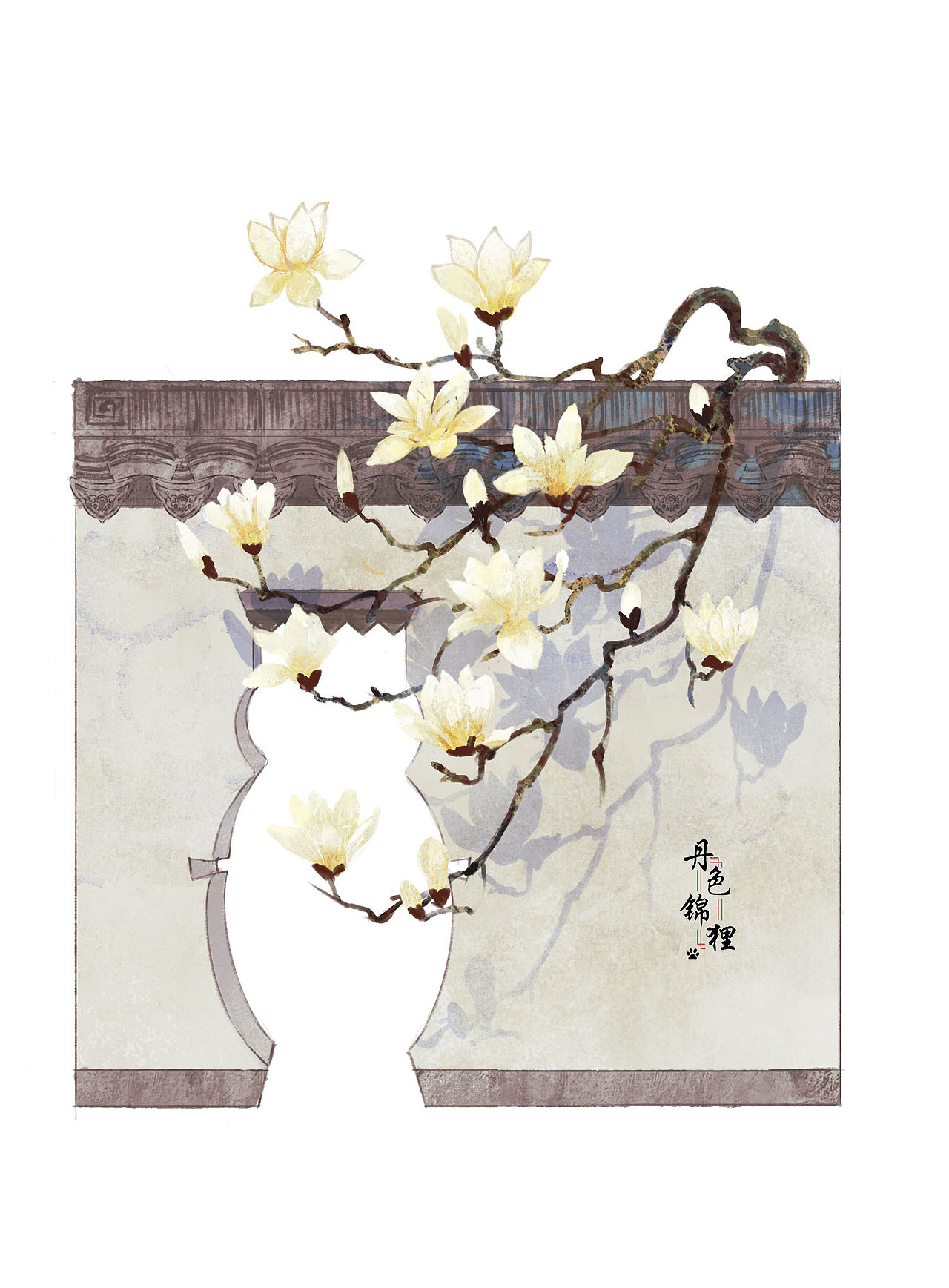 古风水彩花卉小物插画