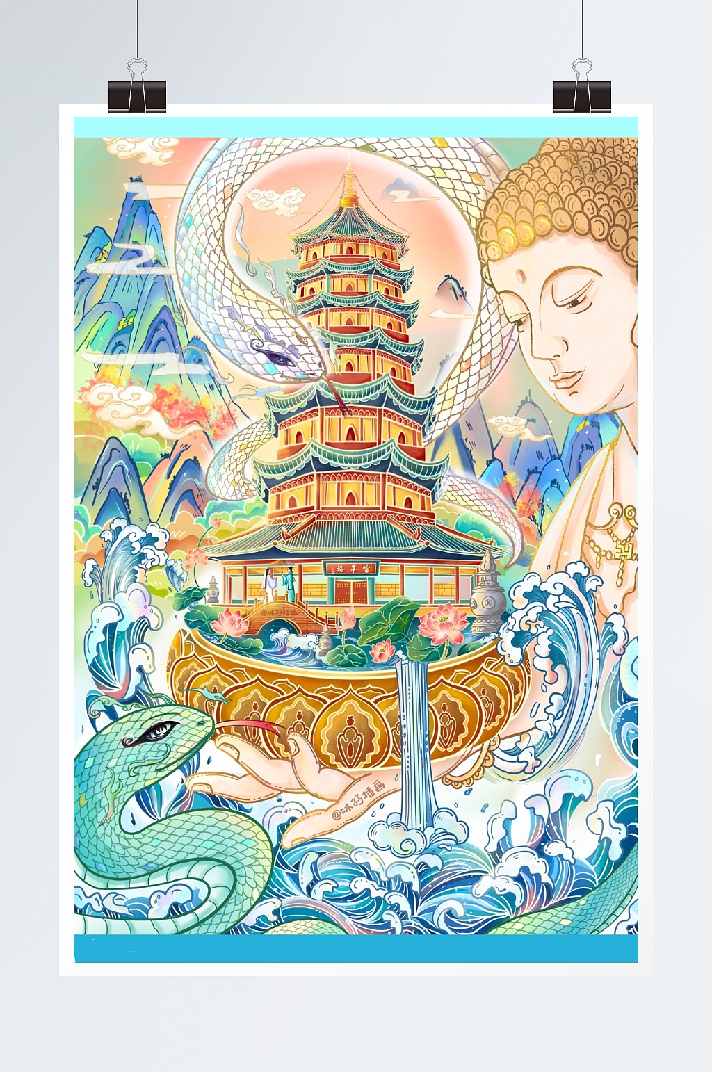 国风插画雷峰塔建筑白蛇青蛇元素