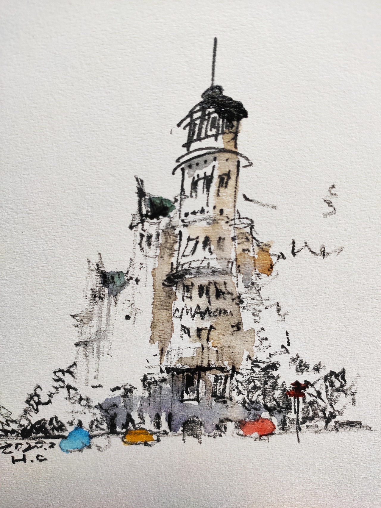 钢笔淡彩建筑风景速写