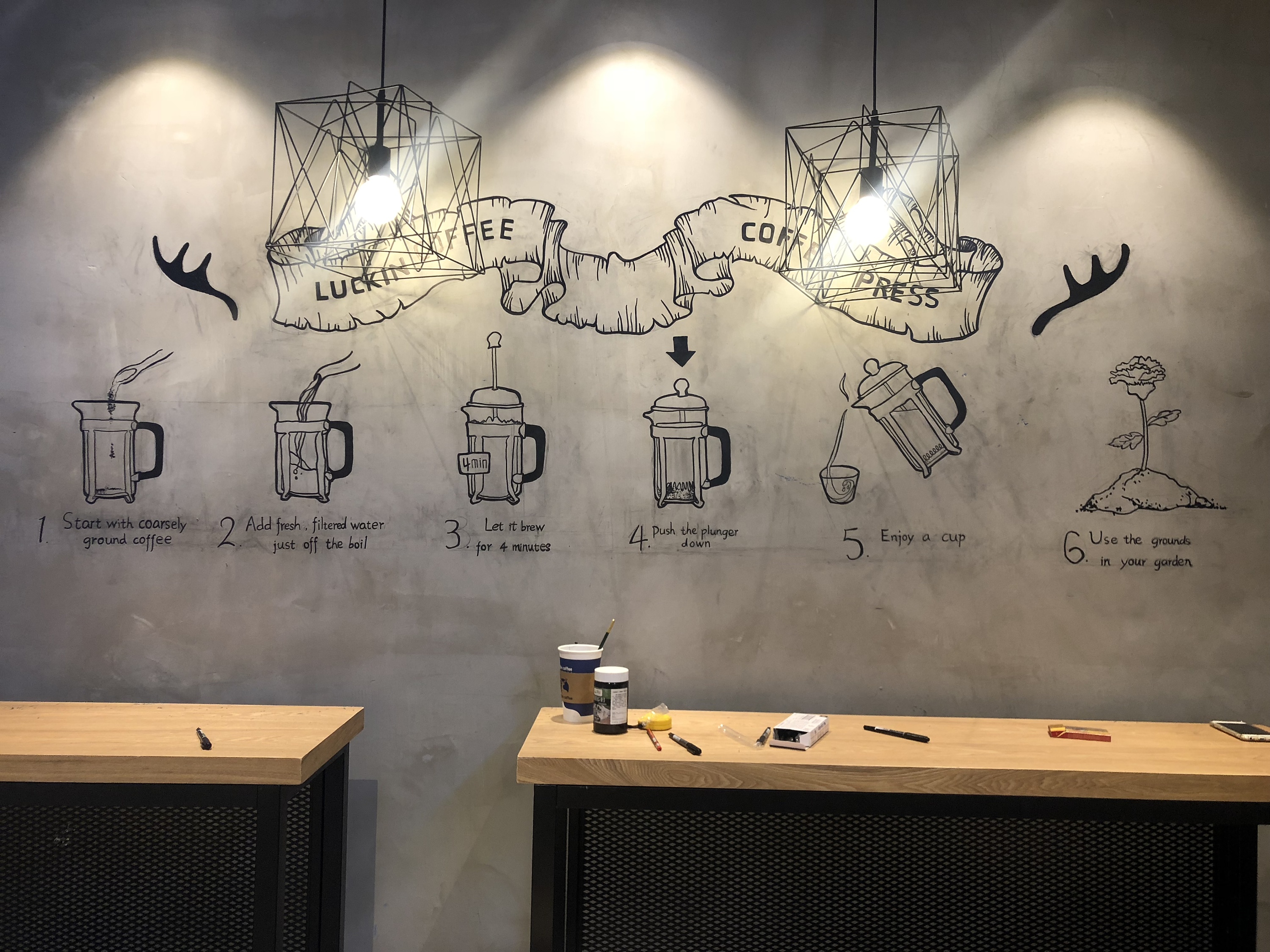 咖啡馆墙绘邵阳喜拉朵咖啡手绘墙欣赏|其他|墙绘/立体画|弄彩堂 - 原创作品 - 站酷 (ZCOOL)