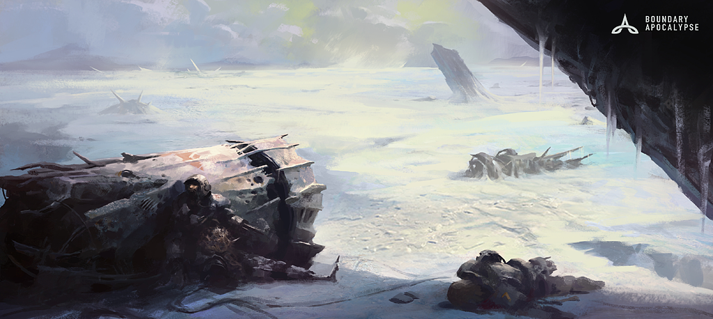 《边际启示录-遗落边陲》：暴风雪之夜，两艘坠毁的逃生舱横亘在冰原之上，如迸裂的陨星，受到重创的舱壁扭曲而破碎，机器内脏暴露在外，金属零件散落在报废的舱体四周，现场一片狼藉。
