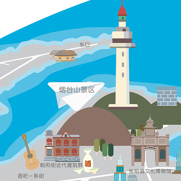 手绘地图烟台30版沙盘模型