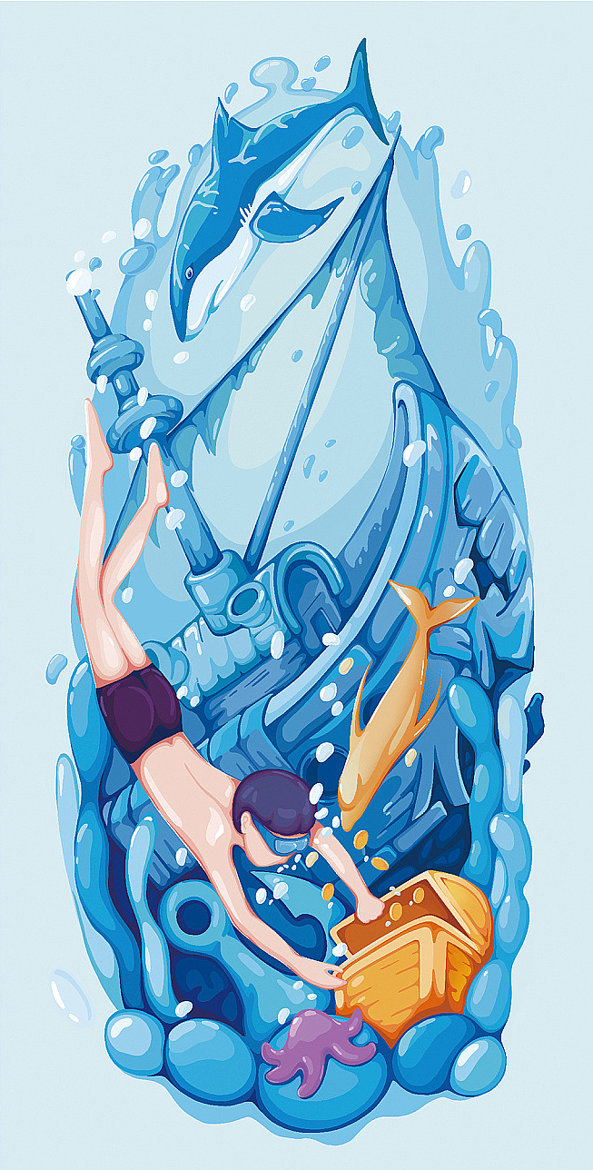 畅游-游泳沐浴露包装插画设计