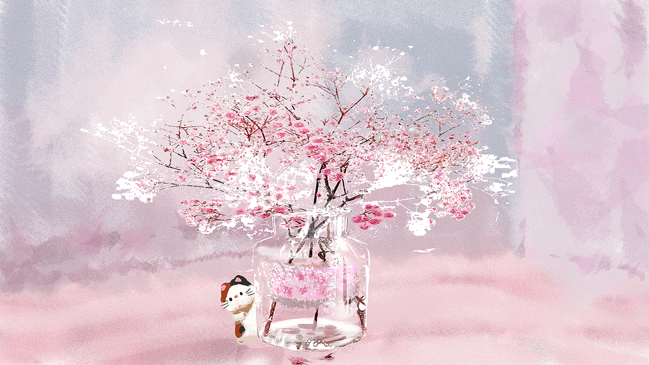 手绘樱花树下的猫咪