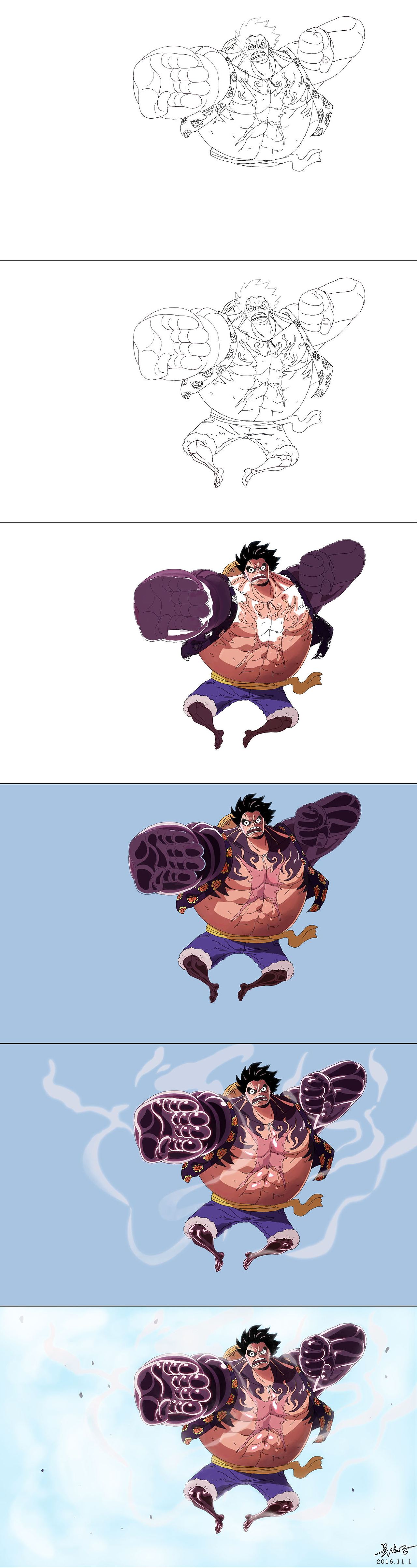 插画海贼王路飞四档绘画流程图