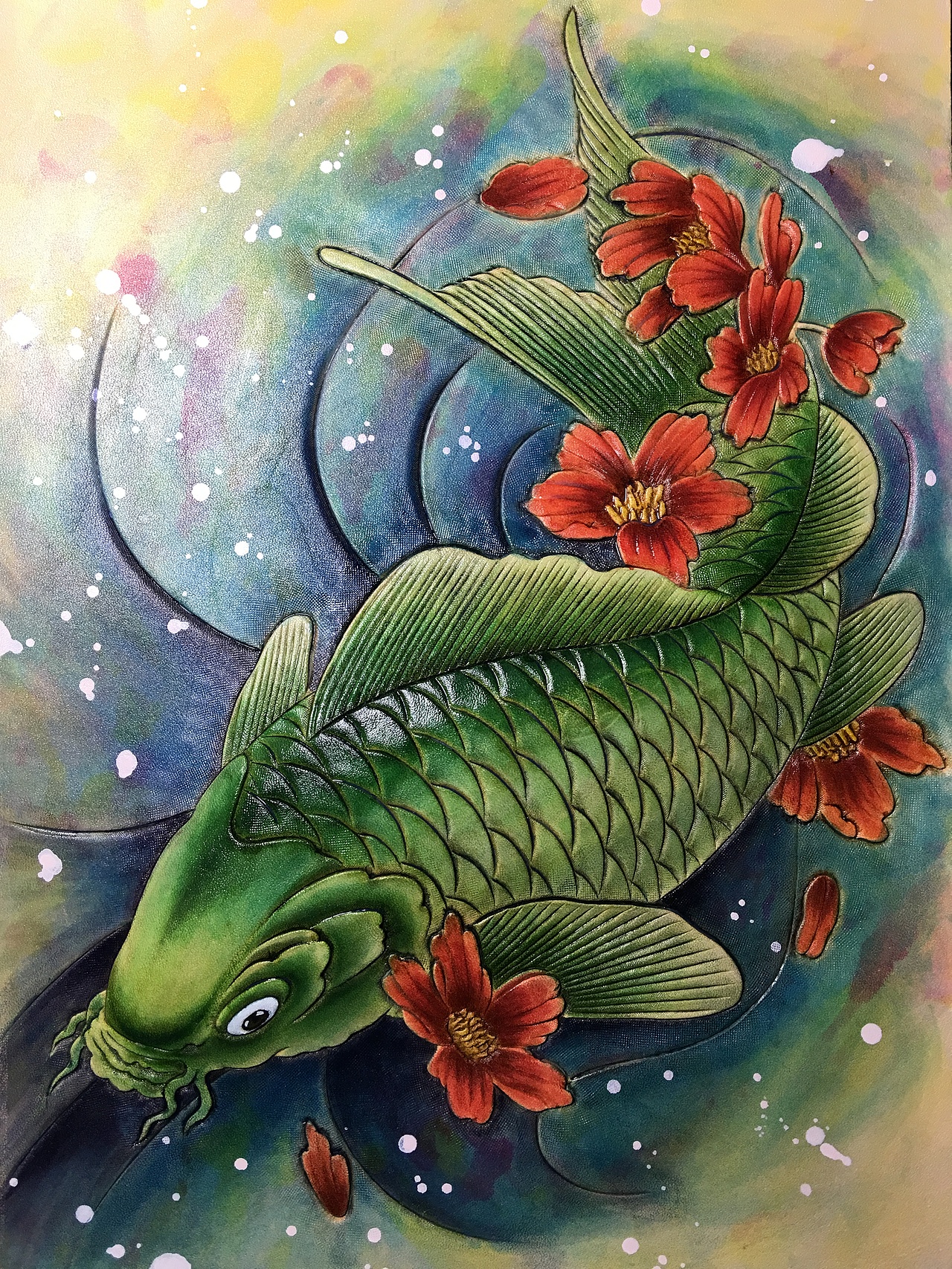 皮雕画珍稀绿锦鲤