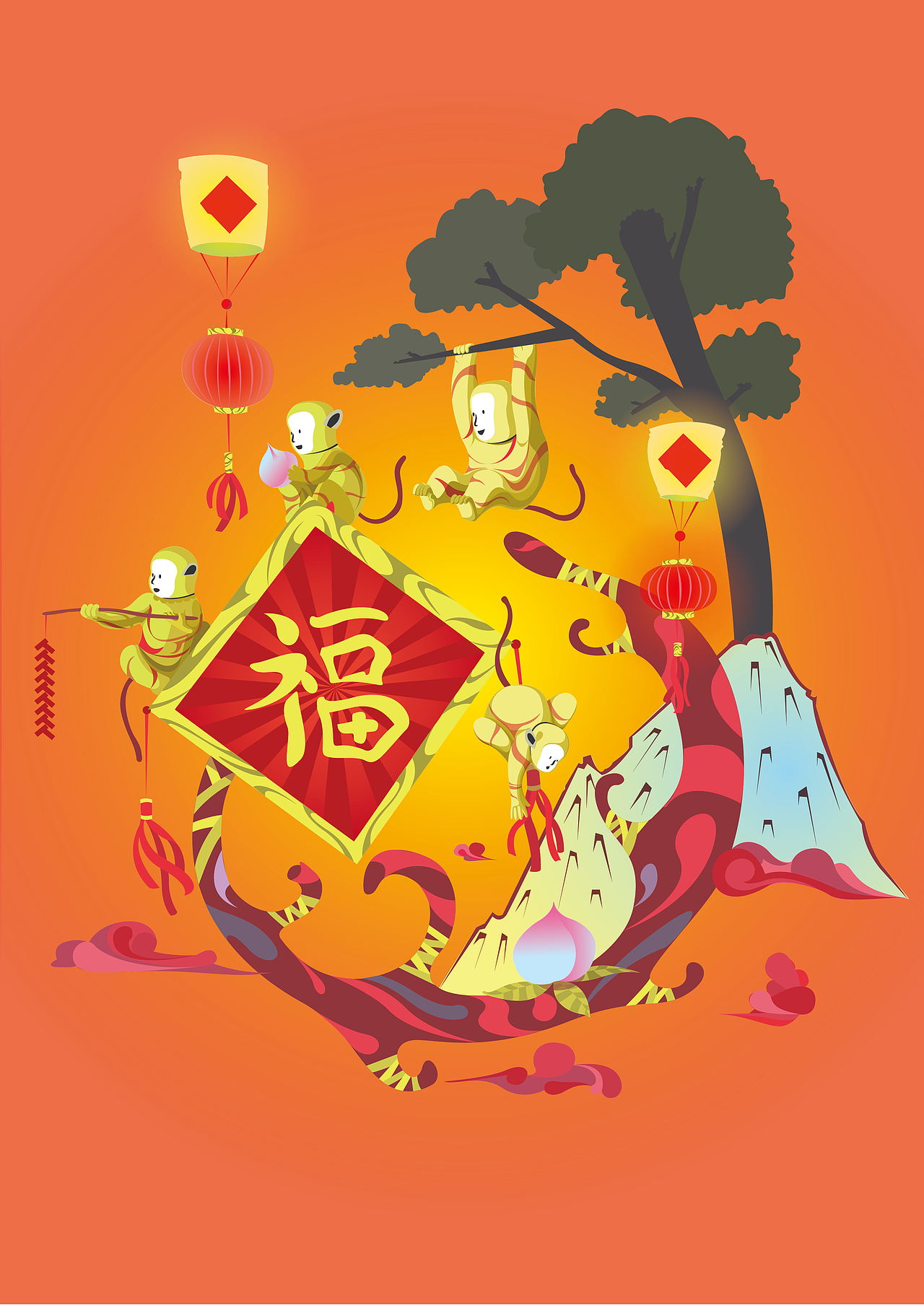 今年是猴年,为家里画了一幅猴子的年画,用ai制作.