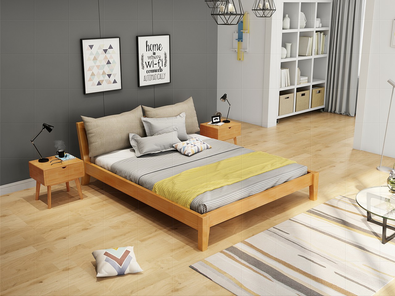 北欧风格实木床，实木家具设计一一《卧室晨光》 家具3D效果设计 ，卧室设计_艺帮设计-站酷ZCOOL