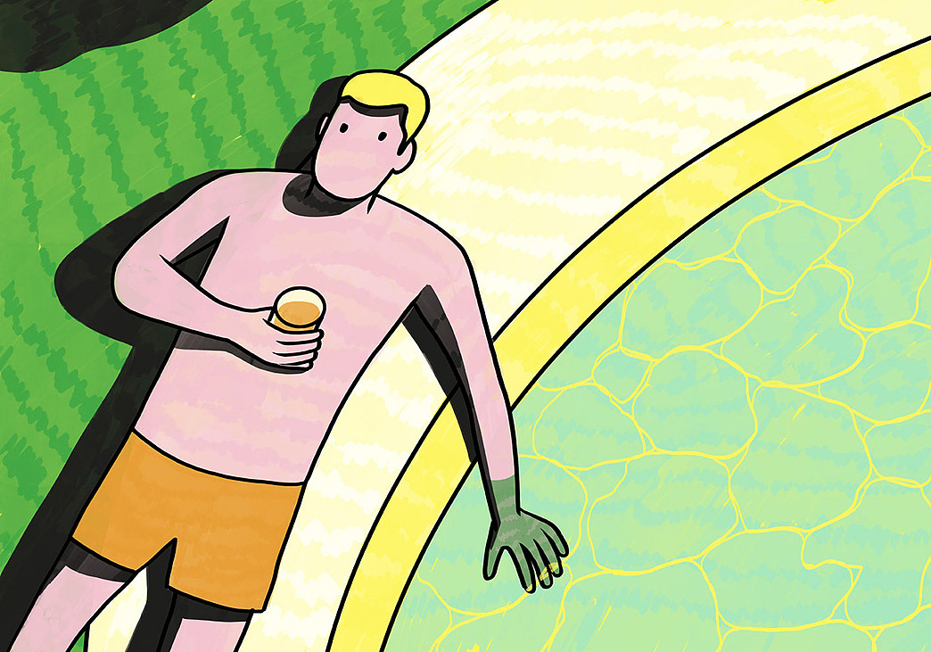 他坐在绿水池畔,一只手放在水里,一只手拿着一杯杜松子酒。他游泳后刚刚出水,作着深呼吸,好像他能把一切都吸到肺里去,从太阳的热到他由衷的愉快。
<br>