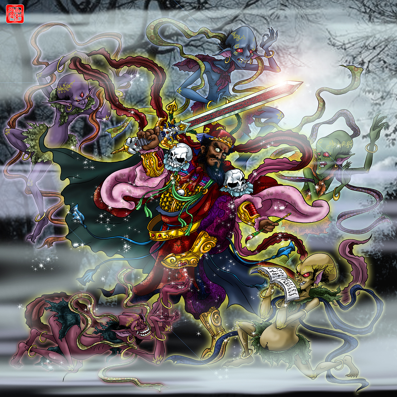 天师钟馗 彩稿   五方小鬼