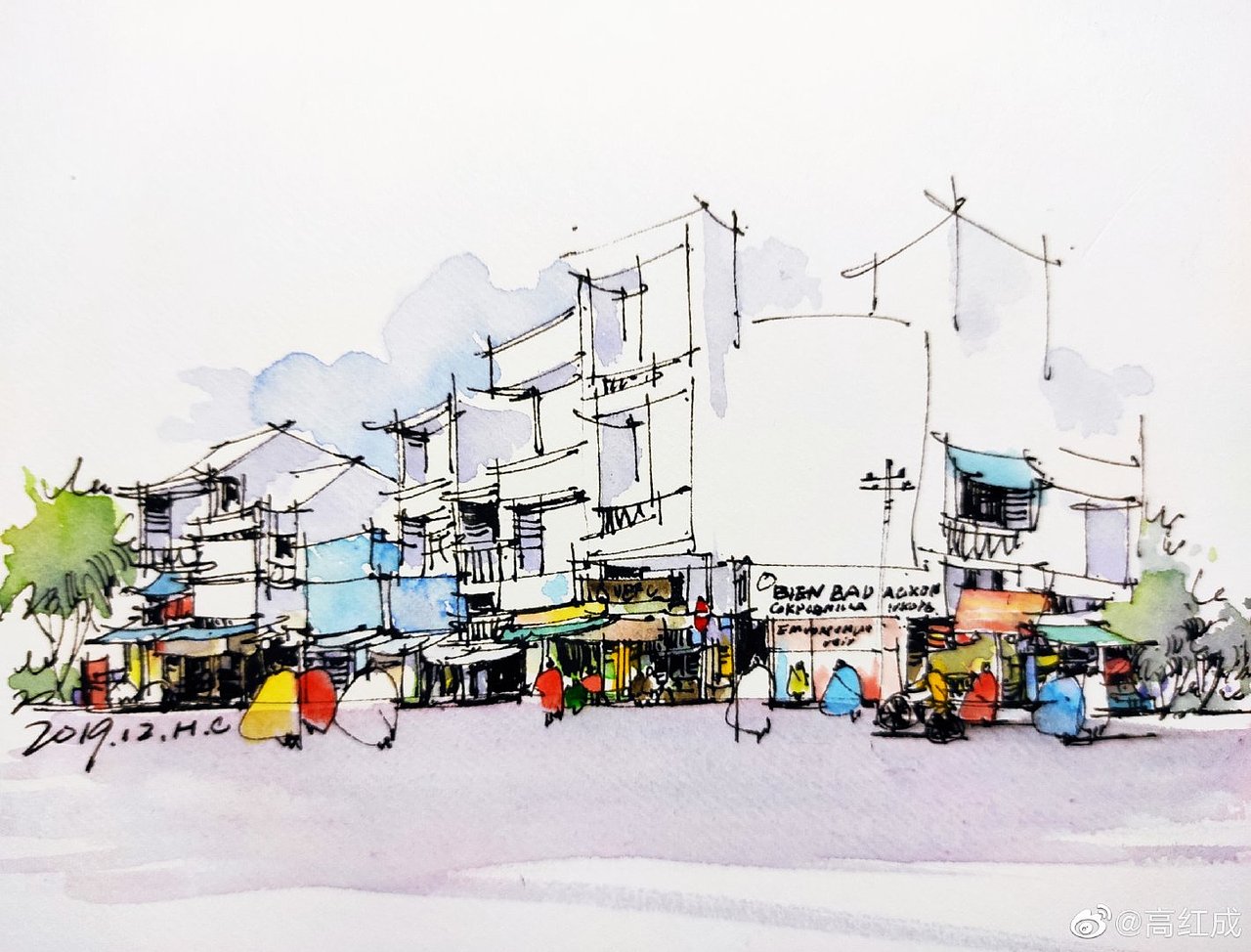 钢笔淡彩建筑风景速写