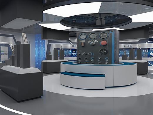 计量所展示厅科技风蓝白系3D效果图