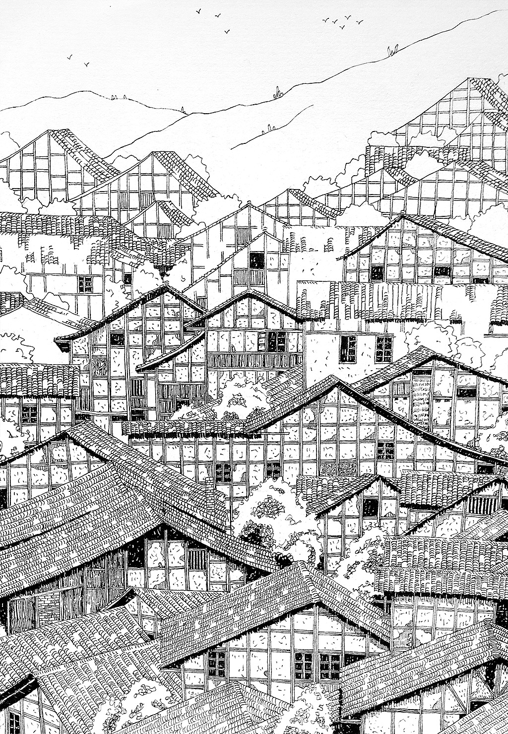 钢笔画福宝古镇