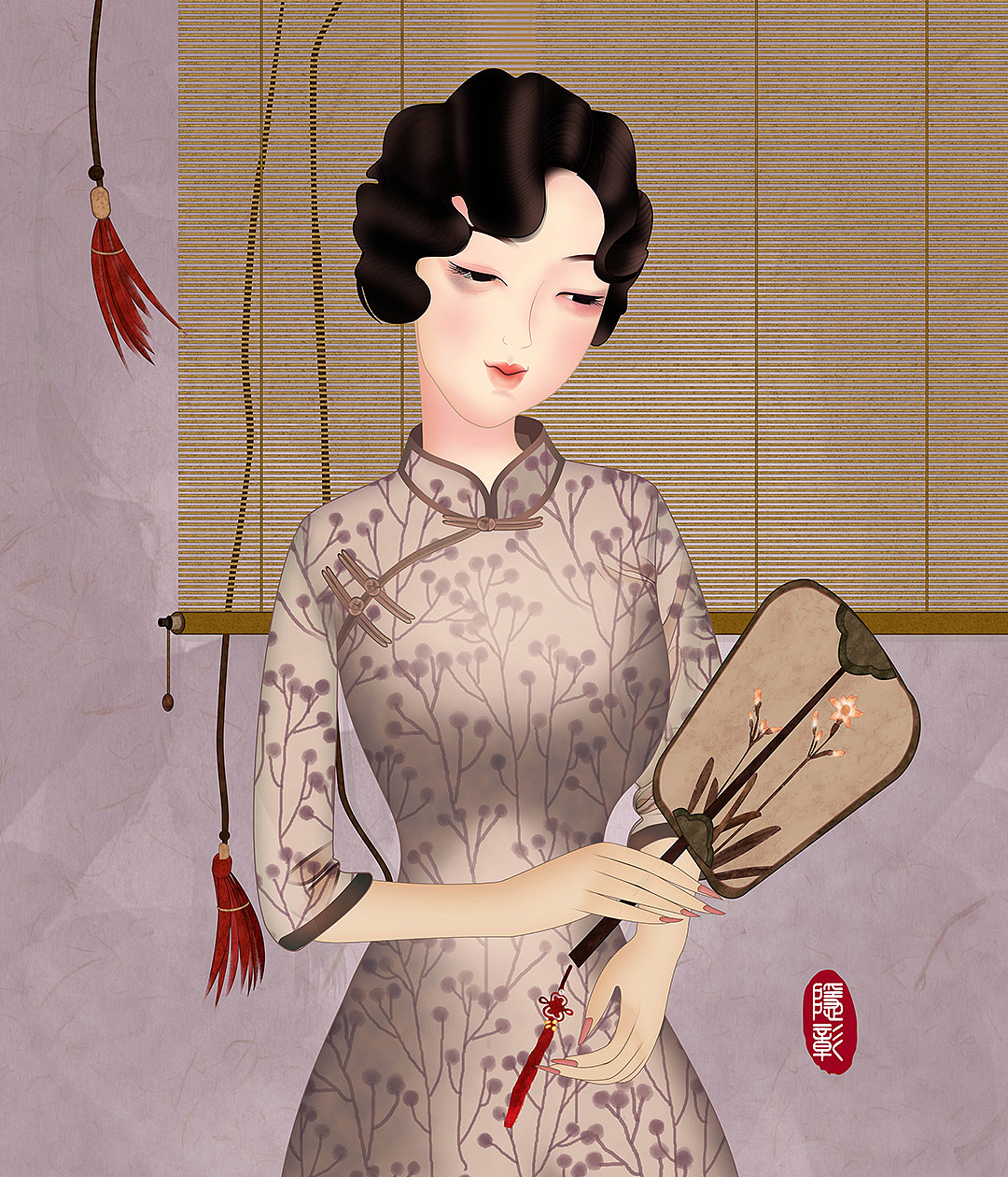 旗袍 怀旧 插画 手绘 女孩 装饰画 无框画 旗袍美女 民国美女 古典