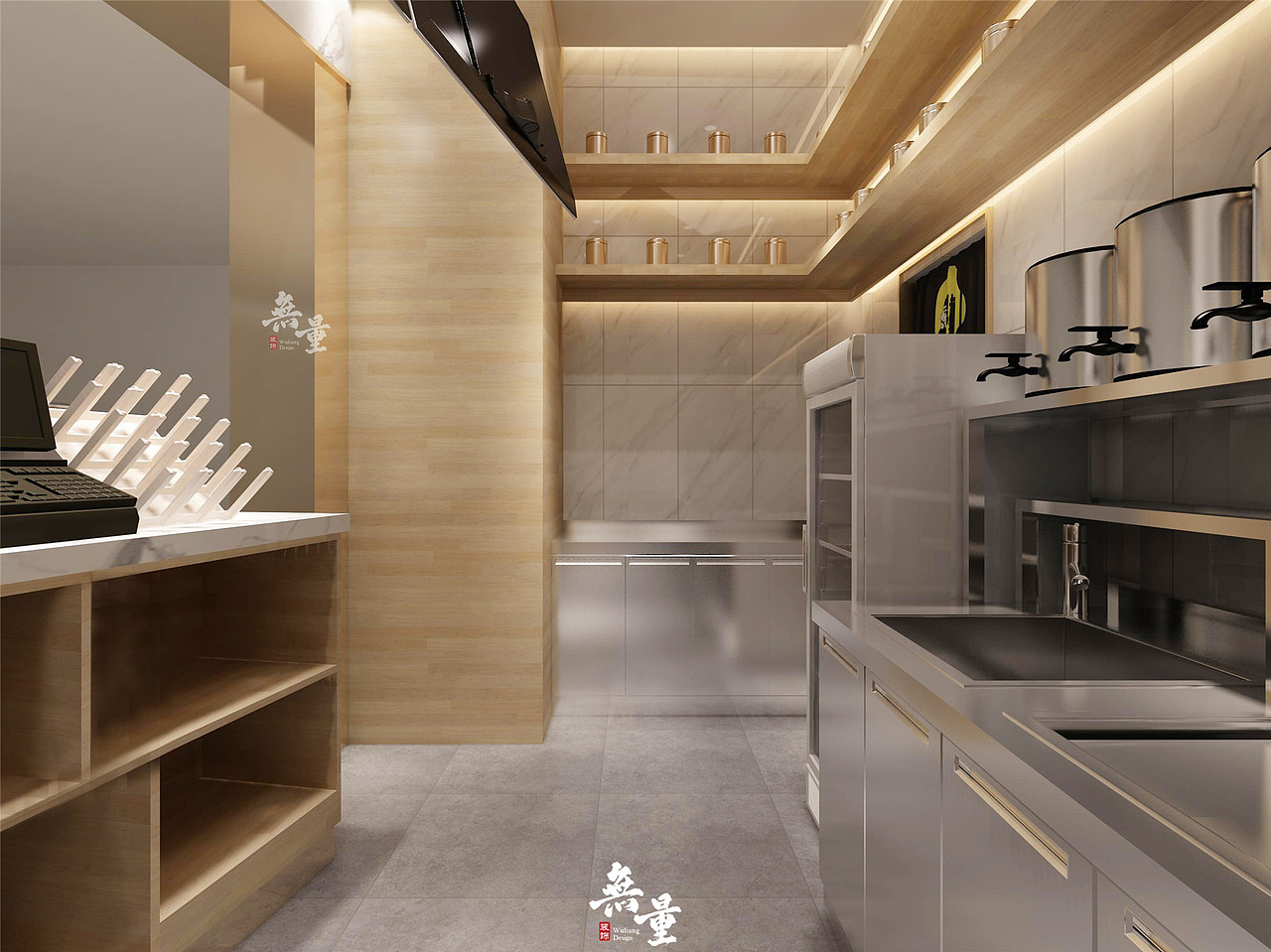 餐台处同样采用靠墙壁,隔板设计,灰色地板搭配白色墙壁再配以暖色灯光,在这里工作一整天都不会无聊(>ω<)