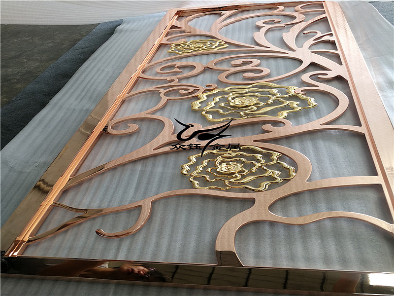 铝艺雕花镜面玫瑰金屏风 家装欧式轻奢风