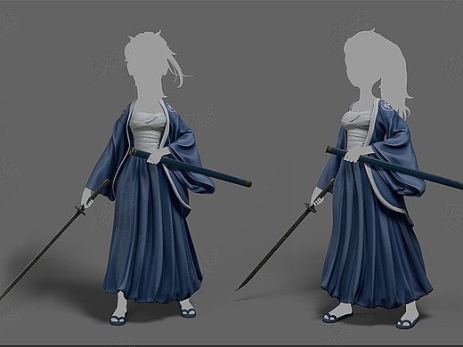 蓝袍马尾辫女子手持武士刀