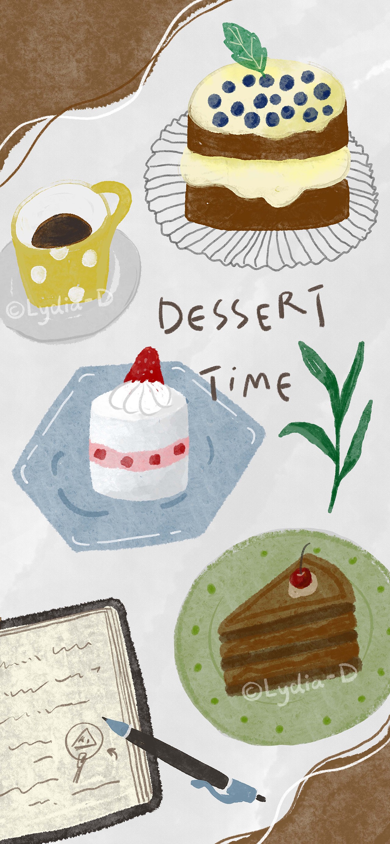 手绘简约壁纸-甜点时间-食物插画