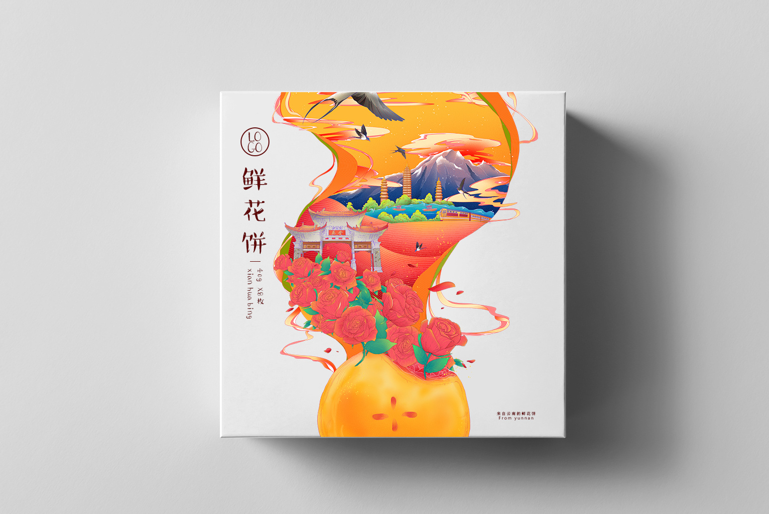 国风鲜花饼包装插画