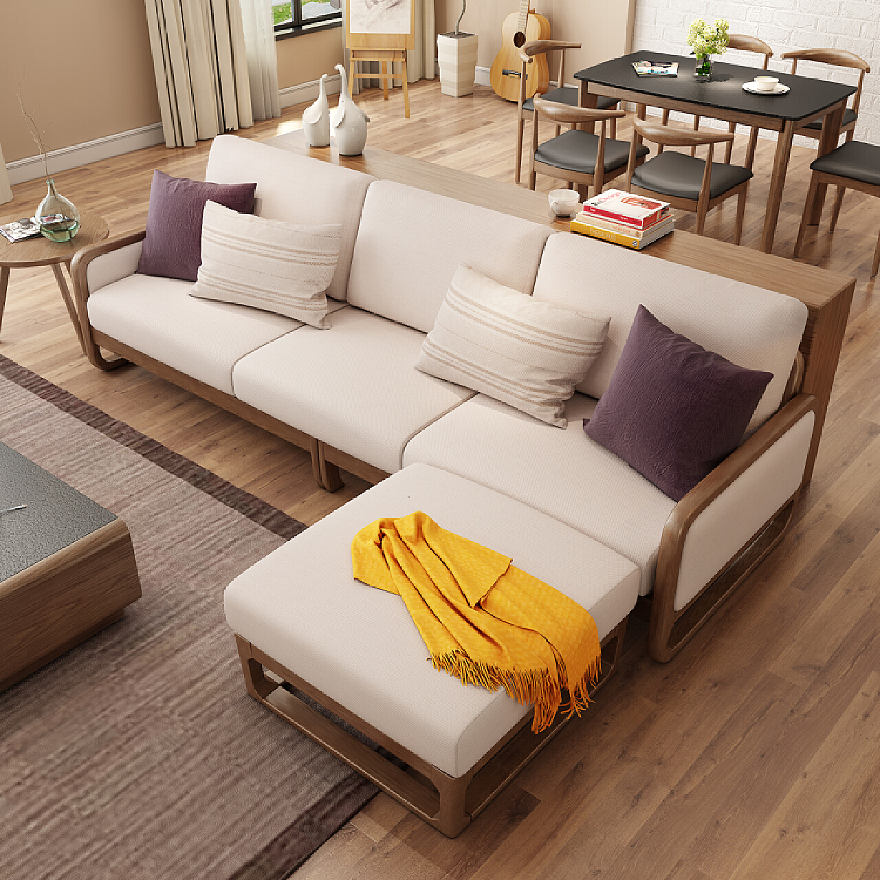 致家家居/卷耳沙发/北欧实木客厅布艺沙发 可折叠多功能三人沙发-三人沙发-2021美间（软装设计采购助手）