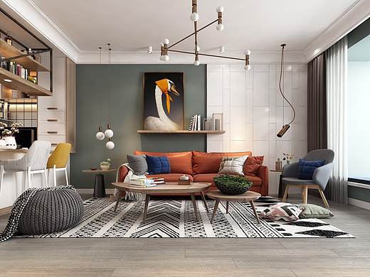 北欧客厅黄色加橘色 1992效果图