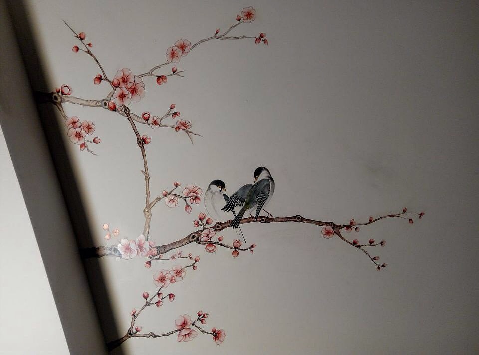 手绘墙花鸟扇面