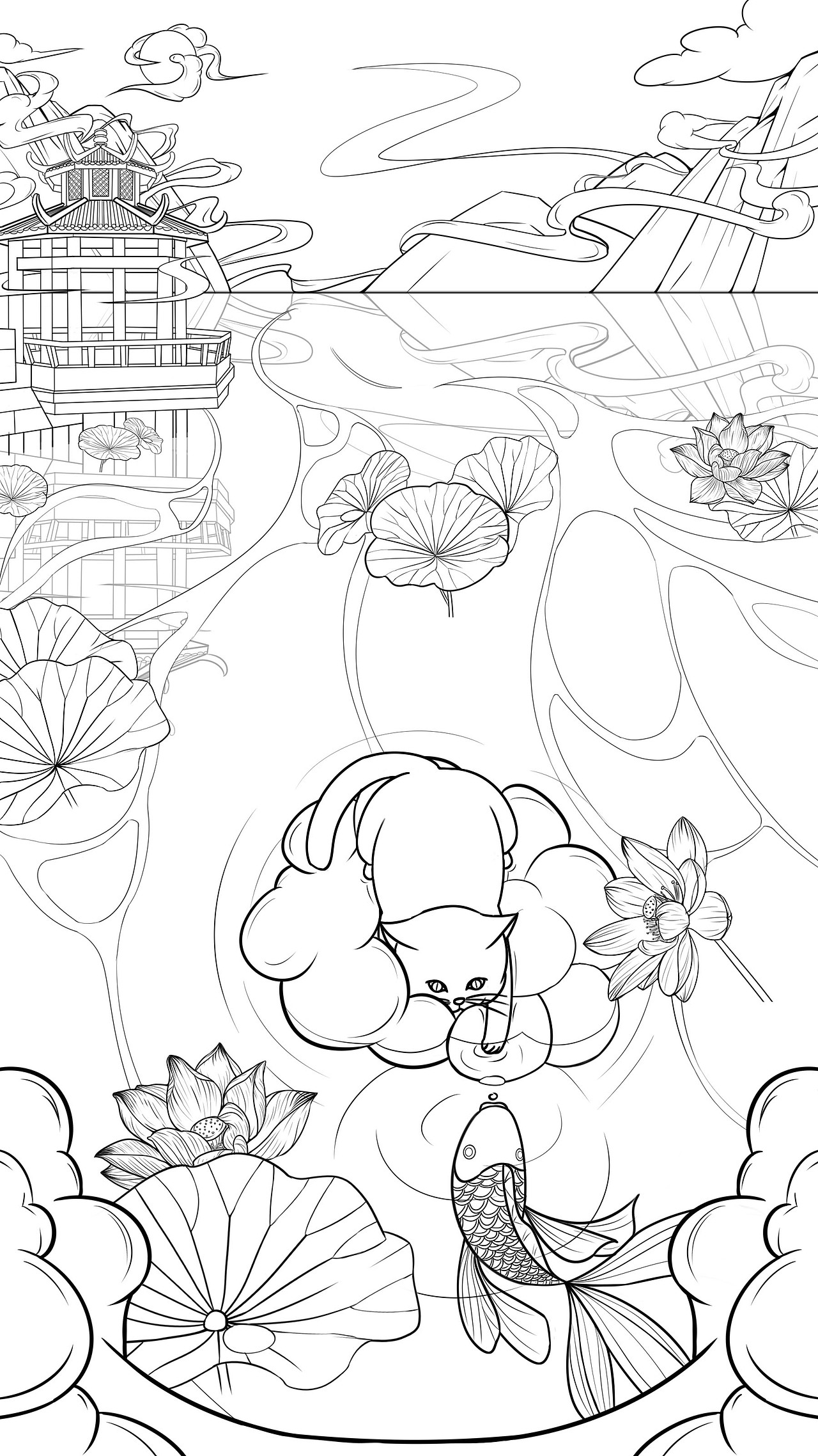 中国风海报插画 猫与鱼