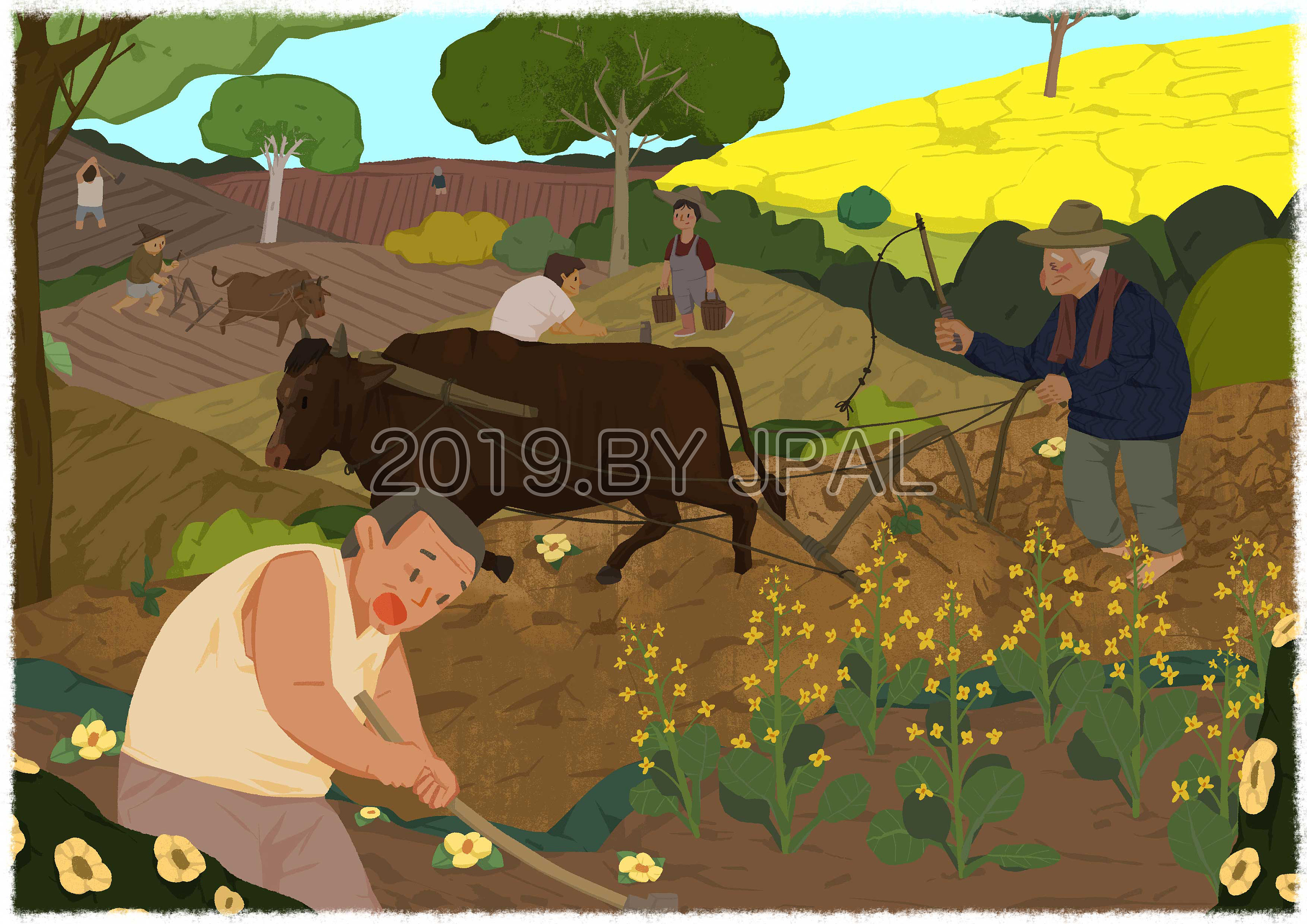 農民耕牛犁地PSD圖案素材免費下載，可愛卡通圖片，尺寸2000 × 2000px - Lovepik