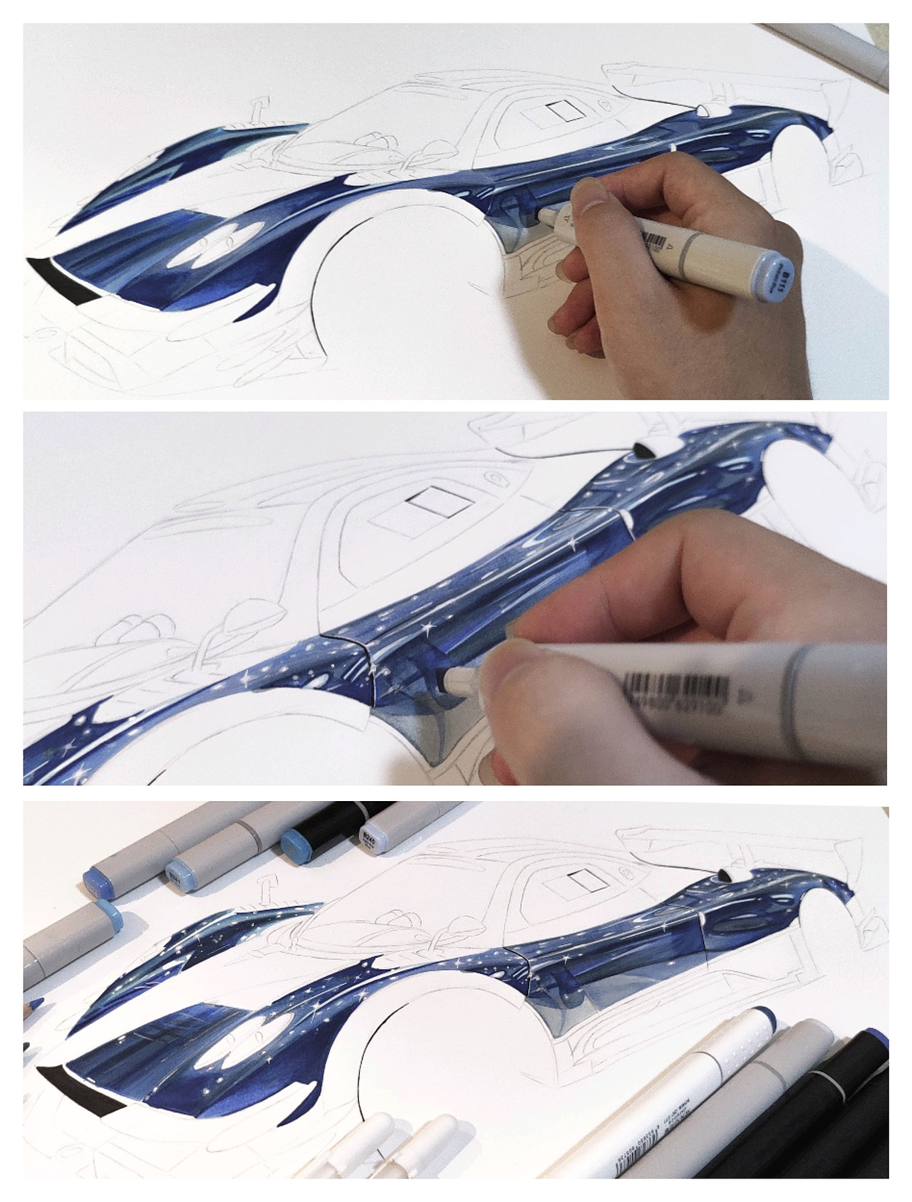 马克笔彩铅手绘 汽车手绘 帕加尼ZONDA R 蓝碳（图ZMjY0NzY5NTI0） - 艺术插画 - 站酷设计师班沙原创素材 - 站酷ZCOOL