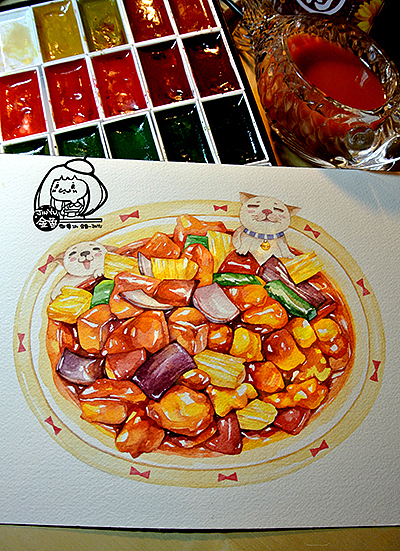 金鱼手绘美食——酸酸甜甜菠萝咕噜肉（图ZMTA3MTA0MDA=） - 商业插画 - 站酷设计师金鱼酱JINYU原创素材 - 站酷ZCOOL