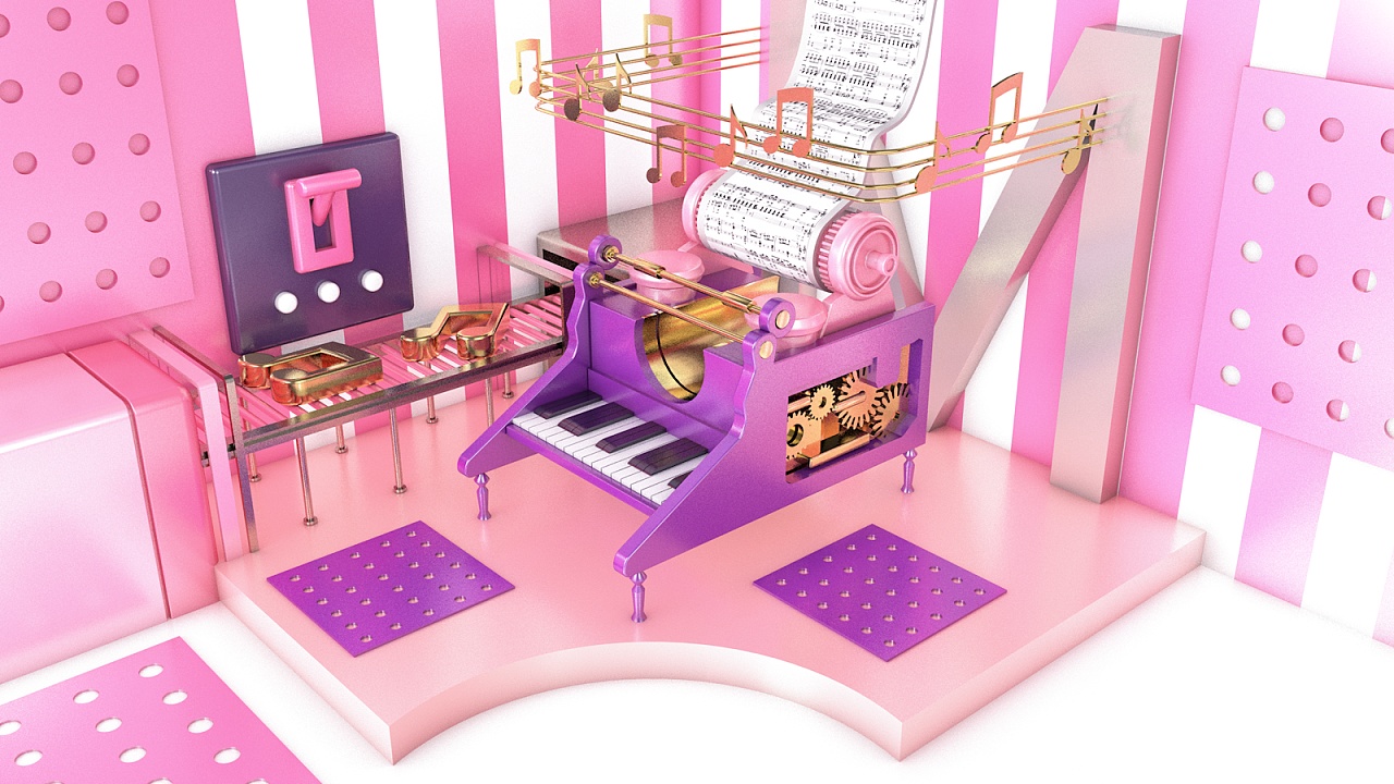粉色少女心的钢琴-c4d