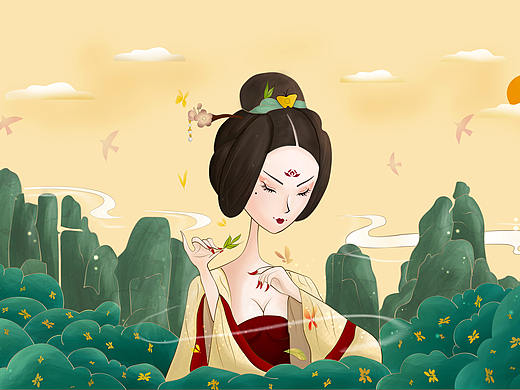 茶叶包装福鼎白茶包装原创插画太姥山插画采茶姑娘