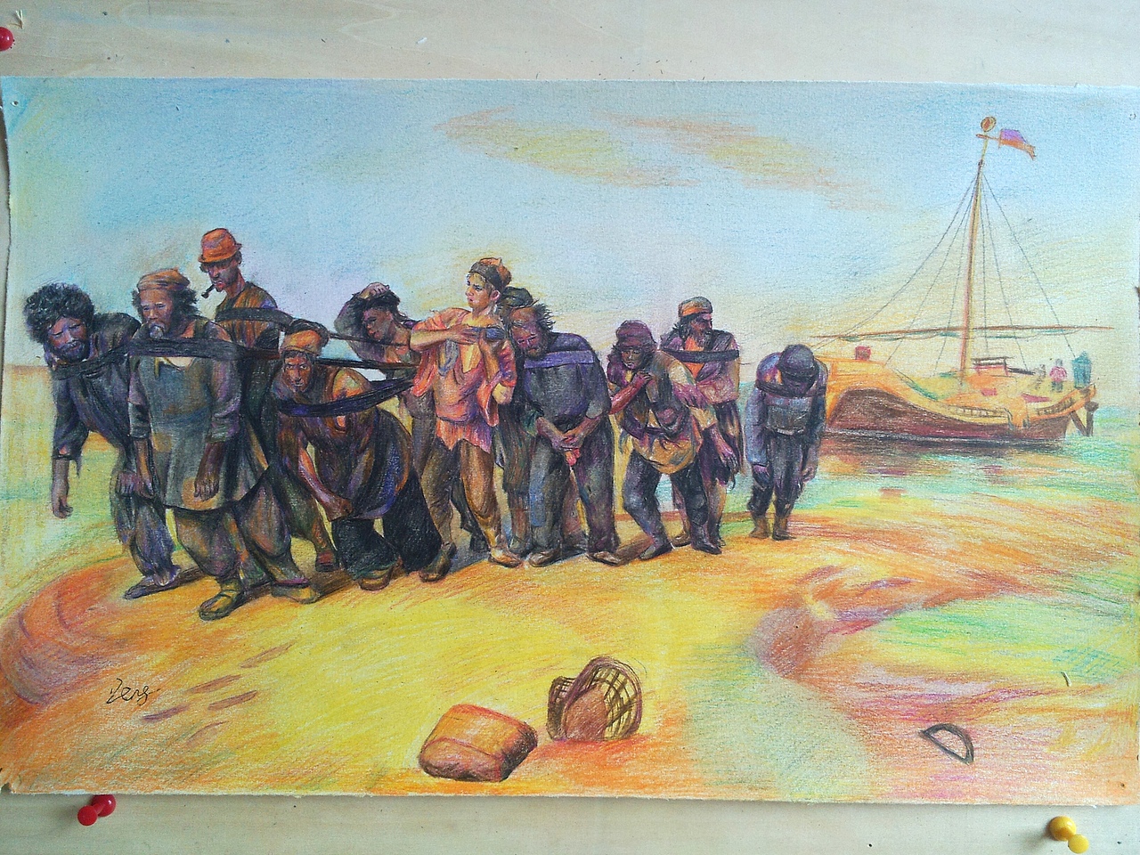 彩铅伏尔加河上的纤夫