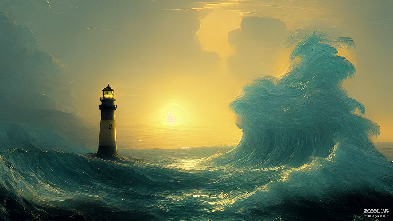 ai创作实验室#海浪灯塔黄色光影
