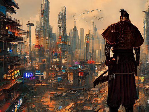 #AI创作实验室#一名武士站在巨大的赛博朋克城市面前