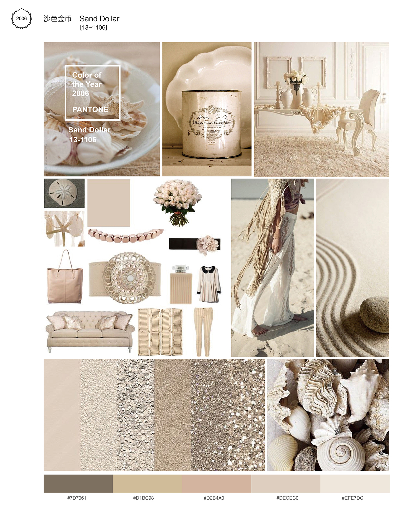 2006年 沙色金币 Pantone编号13-1106，这个颜色相当奥妙，沙漠色、卡其色、金币的反光、淡雅的浅黄色等等，在时尚舞台上，这是一个相当安全的颜色，在家具配置上，也是增加空间感的颜色。
