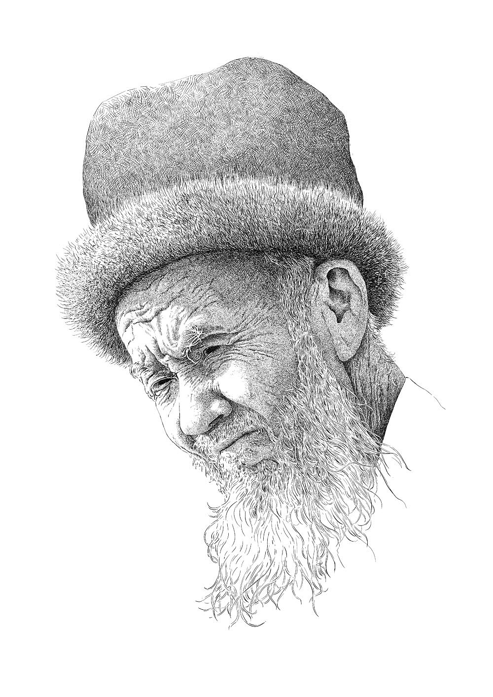 楚歌钢笔画头像系列维族老人02