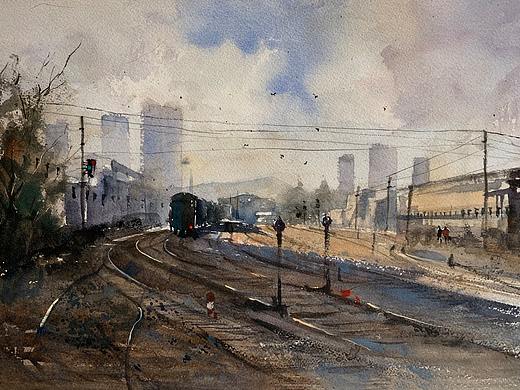 夏宇航水彩《浦口火车站》