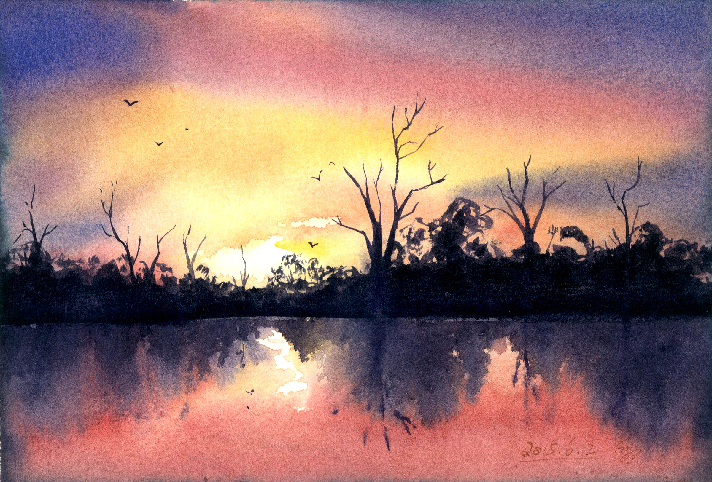 夕阳剪影油画图片