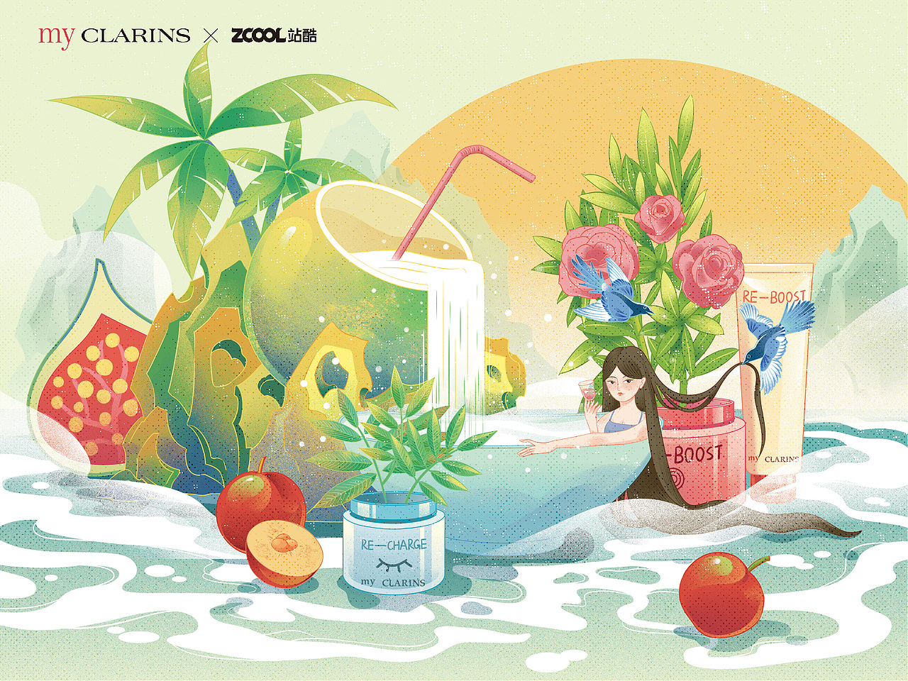 #my CLARINS尋找天然好食肌#——美肌秘密花園（圖ZMjk4MjEzMjY4） - 海報 - 站酷設(shè)計師插畫師乙丫原創(chuàng)素材 - 站酷ZCOOL